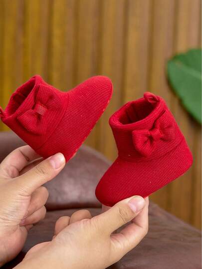 Botas de media pantorrilla para bebé niña de 0-6-12 meses, suela suave, forro de felpa cálido, decoración de lazo linda, cierre de gancho y bucle, adecuado para uso interior y exterior, otoño/invierno