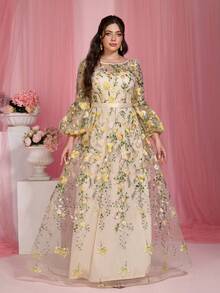 Plus Anpoket,Round Neck, Transparency, Embroidery Lace Lantern Sleeve Evening Dress,FOR,Prom Wedding,Party Dress,Wedding Guest Dress, Evening Dress,Yellow Dress,Elegant Dresses For Women, Valentine's Day - Yellow - View 5