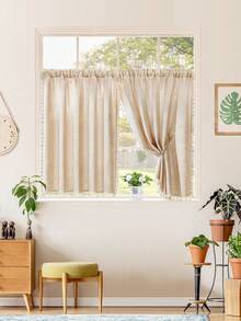 1 pieza Cortina corta de tela similar al lino beige, estilo minimalista japonés con flecos, cortina divisoria/cortina de café, adecuada para decoración de ventanas, armarios y puertas - Beis - Ver 4