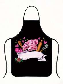 Personalized Custom Unisex Polyester Apron ,Customized Name Disposable Apron ,Custom Text Personalized Apron ,Custom Apron With Text ,Pink Chef Theme With Kitchen Utensils, Hearts & Stars Print, Durable Polyester Sleeveless Neck Strap