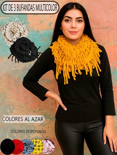 Set de 3 bufandas elegantes y casuales para mujer, multicolor, tela tipo tejido de poliéster, con pequeños y elegantes flecos en toda la bufanda. Textura suave y agradable. Ideales para temporadas de otoño e invierno. Te llegarán 3 bufandas en colores al azar.