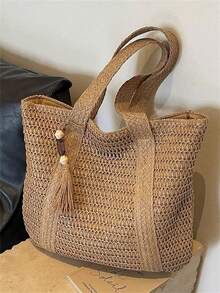 Baila Morena Tote Bag Beach Straw Bag Square Braided Checkered Striped Shoulder Bag Synthetic Leather Strap Zipper Closure Pendant Keychain Summer - màu nâu - Xem 2