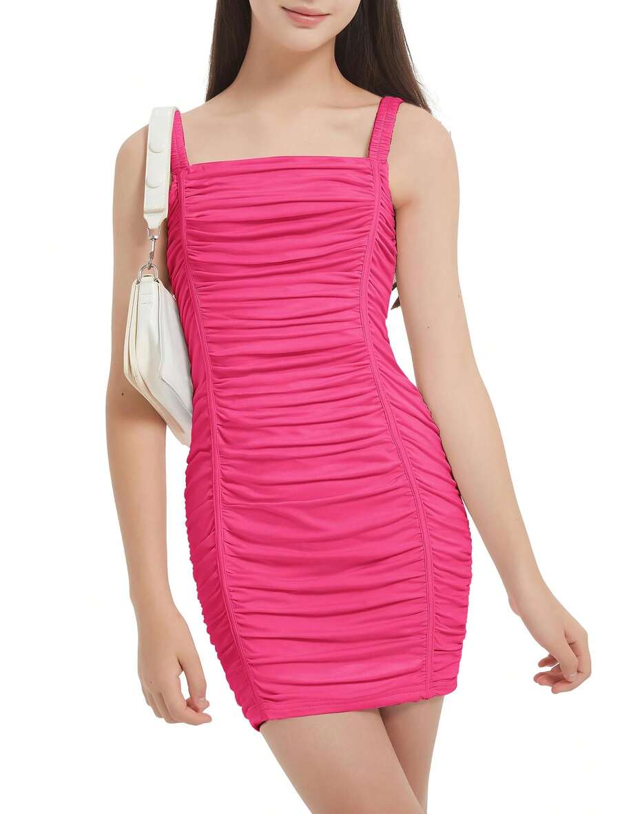 EXARUS Vestido ajustado para niñas, plisado, de manga corta, minivestido ajustado, informal, para fiestas, de 8 a 14 años - 35 rosa roja - Ver 1