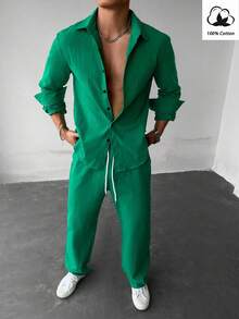 WAIT HIM Setelan 2 Potong Kemeja Lengan Panjang dan Celana Kasual Warna Polos Pria 100% Katun, Pakaian Musim Gugur - Hijau - View 3