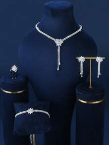 5 件奢华锆石花朵设计项链、耳环、手链、戒指首饰套装，优雅时尚配饰，适合女性日常通勤、宴会、派对 - 華麗輕奢項鍊套裝 - 查看 2