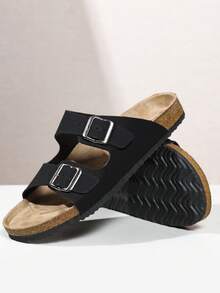 Fashionable Casual Black Suede Double Strap Mule Slippers, Adjustable Dual Metal Buckle Non-Slip Soft Cork Bottom Slip-On House Slippers, Suitable For Christmas, Halloween, Home, Date, Strolling, Commuting, Party, Beach