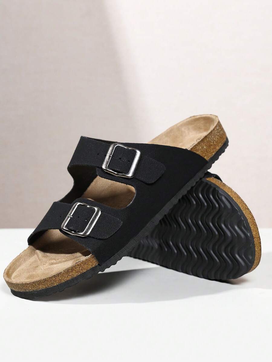 Fashionable Casual Black Suede Double Strap Mule Slippers, Adjustable Dual Metal Buckle Non-Slip Soft Cork Bottom Slip-On House Slippers, Suitable For Christmas, Halloween, Home, Date, Strolling, Commuting, Party, Beach
