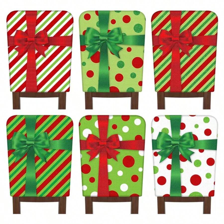 Set de 6 housses de chaise de Noël, protecteurs de de chaise à pois et rayures de Noël, lavables, convenant pour la maison, l'hôtel et la décoration de cuisine, arrangements de salle à manger de fête, décoration de maison saisonnière, design festif, décorateurs de maison de style moderne.