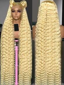 613 250 Density Deep Wave Wigs Human Hair 13x6 HD Transparent Lace Front Wigs Human Hair Pre Plucked Glueless With Baby Hair Blonde Colored Brazilian Remy Kinky Curly Lace Closure Wigs For Women Daily Use - 金色 - 查看 2