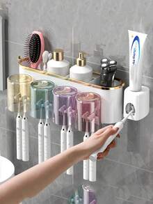 一套壁挂式牙刷架，配有2/3/4个牙刷杯和牙膏分配器，简约创意浴室壁挂式牙刷收纳整理架，无需钻孔，节省空间