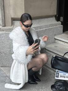 Women's Elegant Faux Fur Coat, Waterfall Collar, Long Fluffy Warm Jacket, Luxury & Noble, Winter - White - View 5