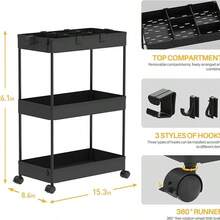 Carrito Auxiliar de 3 Pisos  Portátil y Compacto para Hogar y Oficina - Negro - Ver 6