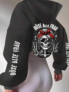 大码女式骷髅头红色头巾太阳镜耳环图案连帽衫宽松休闲秋冬假日装 - 黑色 - 查看 3