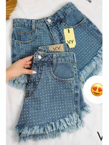 Women's Frayed Jean Shorts With Rhinestones And Shiny Stones With Pockets, Best Quality - 中等水洗藍 - 查看 4