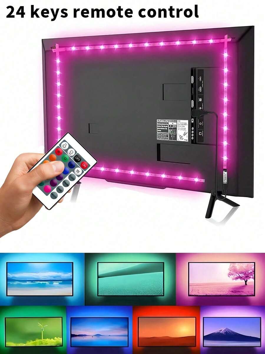 1pc LED Light Strip With 24-Key Remote Control, USB RGB LED Backlight Bar For TV, Office, Computer Screen, Living Room, Bedroom, Home, Party, Christmas Tree, Bedroom, Game Room Lighting - Easy Installation, Multiple Color Options