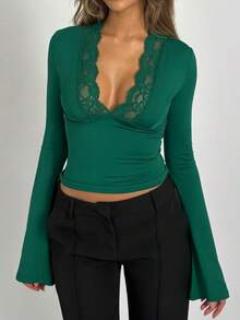 Women Y2k Crop Tops Sexy Lace Patchwork Deep V Neck Bell Long Sleeve Slim Fit T Shirt Casual Going Out Tops Blouse Streetwear Fall Spring Low Cut Basic Tees Aesthetic Clothes - màu xanh lá - Xem 3