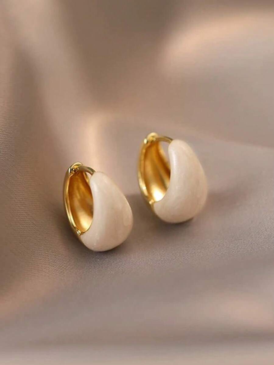 1 对优雅的法式复古简约白色滴油几何设计别致百搭金属耳环，适合女性日常、通勤、约会、派对、节日穿着 - 白色 - 查看 1