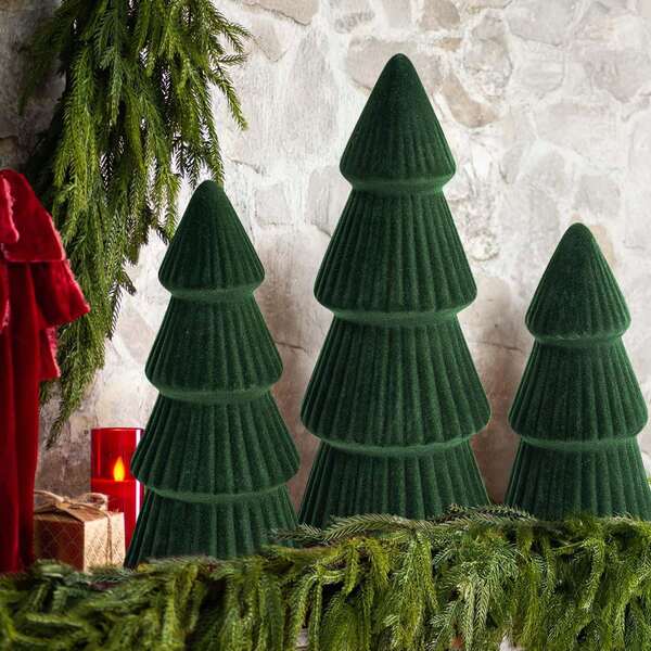 3Pcs Christmas Tree Figurines Tabletop Flocking Plastic Christmas Tree Desk Decorations For Farmhouse Home Holiday Party