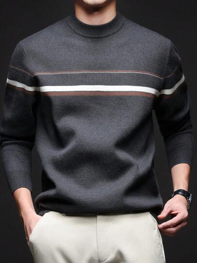 Men's Autumn/Winter Round Neck Striped Sweater, Stand Collar Business Casual Knit Pullover, Comfortable For Party, Home Wear, Long Sleeve Top