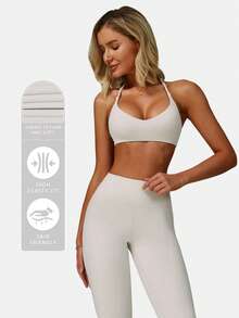 MFVIM 女士纯色运动文胸，交叉背带设计，速干，减震瑜伽上衣 - 杏色 - 查看 6