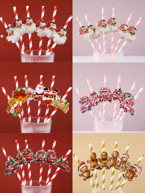 12pcs Christmas Paper Straws,Christmas Striped Straws,Truck Santa Claus Gingerbread Man Cards Decor Straws,Merry Christmas Theme Disposable Tableware,Daily Drinking And Crafts,Christmas Party Decorations For Home 2025,Christmas Table Dining Room Bottle Decor, Christmas Ornaments,Christmas Table Center Decoration,Christmas Gifts,Party Favors,Happy New Year Gifts