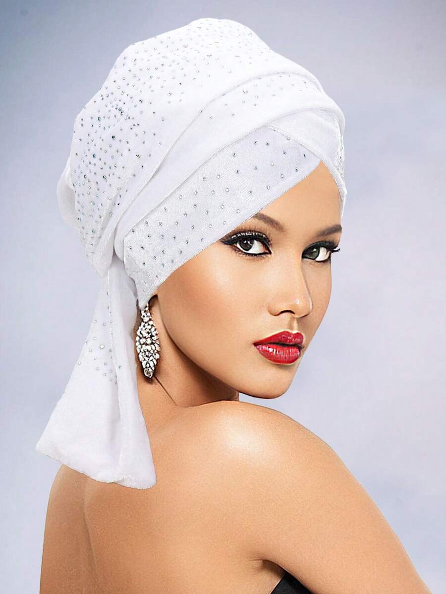 Awegeo 奢华女士非洲风情头巾 – 手工水晶装饰精美头巾，适合特殊场合，也可作睡帽或睡帽使用。 - 彩色 - 查看 1