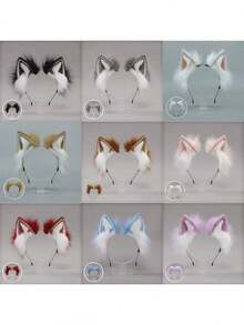 Japanese Lolita Cat Ear/Fox Fur Fluffy Hair Clip, Handmade Faux Animal Ear Headband (The Product Image Shows The Arranged Style, Which Is The Same As The Actual Item) - 黑色 - 查看 1