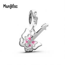 Manyilus 1 Stück Original 925 Sterling Silber Anhänger Perlen: Liebespfeil, Roter Diamant Blumenstrauß, Rosa Emaille Bass Gitarre, Pfanne mit Messer und Gabel, Katzenpfoten Knochen Stab, Rosa Herz mit Flügeln, Bunte Färbepinsel, Stern mit goldenem rundem Diamant Spirale
