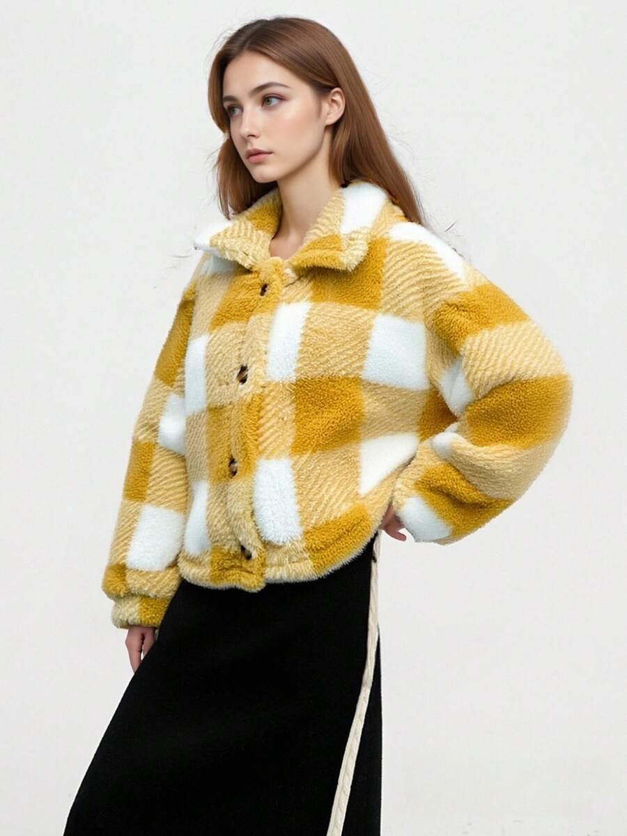 Winter Plus Size Green Plaid Fleece Jacket Winter Women Clothes Valentine's Day Holiday Outfit Fall Autumn - 黃色 - 查看 1
