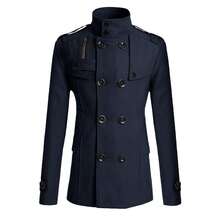 2025 Autumn Winter New Men's Wool Coat Men's Double-Breasted Slim Fit Stand Collar Mid-Length Wool Trench Coat - Navy Blue - View 3