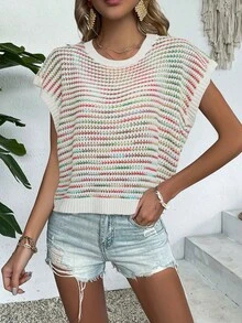 ملابس علوية أنيقة للنساء، ملابس علوية محبوكة عصرية، ملابس علوية صيفية/ربيعية كاجوال، ملابس علوية محبوكة بياقة مستديرة بدون أكمام مخططة باللونين، ملابس علوية ملابس علوية فضفاضة عادية، ملابس علوية خزامى للسيدات، ملابس علوية عطلة شاطئية عيد الحب، ملابس علوية نسائية، ملابس علوية عودة إلى المدرسة في الخريف، ملابس خريفية/شتوية، مناسبة لعيد الميلاد وعيد الشكر والعام الجديد - متعدد الألوان - مشاهدة 3