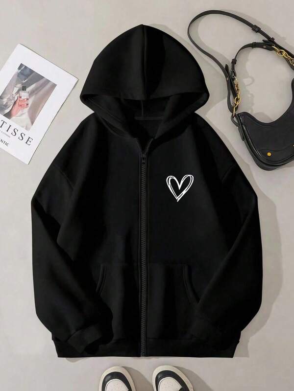 بلوزة هوديي كاجوال للنساء مع سحاب أمامي وطباعة قلب، طراز بسيط للتخرج، ملابس العودة إلى المدرسة، التخرج، ملابس المعلمات، بلوزة العودة إلى المدرسة لموسم الخريف