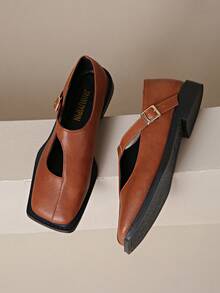 2025新款时尚女士珍珠漆皮复古方头玛丽珍平底鞋，百搭春秋乐福鞋，2025新款热销女士平底鞋 - 棕色 - 查看 8