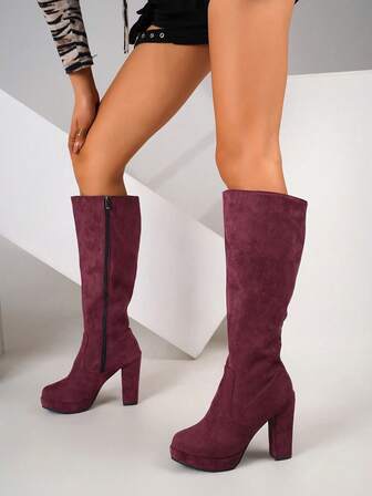 Women's Winter Boots, Waterproof Knee-High Boots, Solid Color, Smooth Surface, Simple & Fashionable, Elongating Legs, Thick Heel High Heel, Faux Suede Shaft Tall Boots,Party