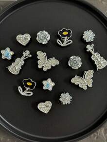 14pcs Detachable DIY Shoe Charms (Silver Glitter Butterfly, Silver Guitar, Heart, Star, Flower, Silver Rose) Decorations, Suitable For Garden Shoes, Clogs, Sandals, Slippers And Beach Bags, Perfect Gift For Holidays, Parties And Special Occasions