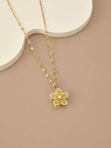 1 件不锈钢 5 瓣旋转花项链，适合女性日常佩戴，女士金色项链，高品质 18K 金项链，女士珠宝项链，万圣节礼物，圣诞节礼物，女士配饰 - 黃色 - 查看 3