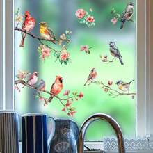 Pegatina de ventana con diseño de rama de árbol, flor y pájaro pintados, patrón floral y de pájaros, desechable, adecuada para superficies de vidrio, metal y cerámica, aplicable para el hogar y la sala de estar