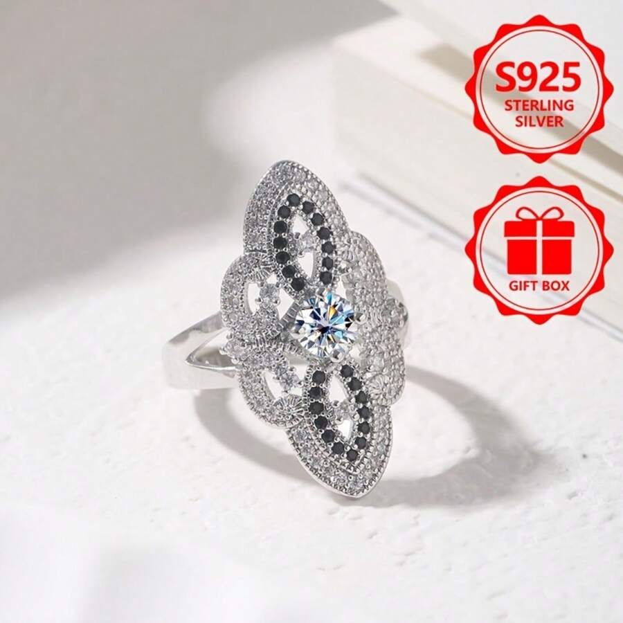 925 Sterling Silver Women's Fashion Wide-Face Ring, Bohemian Style Hollowed-Out Floral Full Ring, Women's Retro Jewelry, Cocktail Party Suitable For Daily Wear, Birthday Gift, Party Wedding Show, Anniversary Banquet, Valentine's Day Gift - 8 - 查看 1