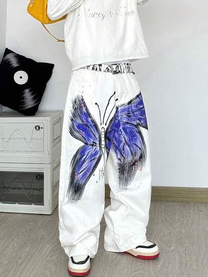 1pc Korean Streetwear Indie Brand Hand-Painted Graffiti Men's Loose Fit Relaxed Straight Leg Jeans, Comfortable & Versatile All-Season Pants (No Belt, No Accessories)