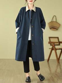 Women's Plus Size Fall/Winter Japanese-Style Trench Coat - Mid-Length Lapel, Figure-Flattering Color Block, Drop Shoulder & Woven Fabric, Button-Front With Pockets