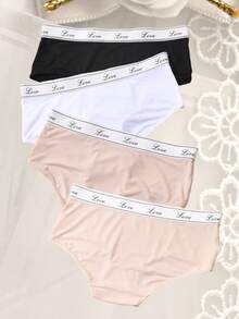 4pcs/Pack Women's Solid Color Letter & Triangle Pattern Seamless Underwear, Comfortable For Girls - Multicolor - View 4