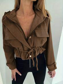 Women's Autumn/Winter New Fashion Corduroy Fabric Zip-Up Jacket With Button Closure And Waist Tie Belt