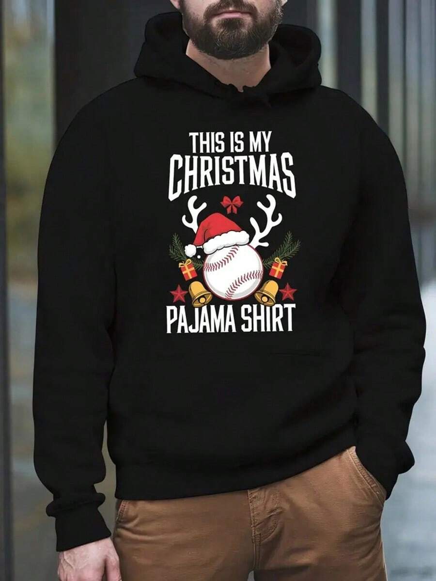 Cozy Fleece-Lined Men's Hoodie - 'This Is My Christmas Pajama Shirt' Print, Casual Pullover With  Pocket For Fall & Winter,Fall Hoodies,Men's Fall Clothes,Street Wear,Halloween,Mens Hoodies,Y2k Clothes,Jesus Hoodie,Thanksgiving Day,Nightmare Before Christmas,Christmas - 黑色 - 查看 1
