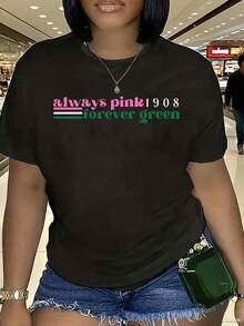 Women's J15 AKA 1908 Graphic Crewneck T-Shirt - With Pink & Green Empowerment Slogans, Breathable Casual Short Sleeve Top, Machine Washable, Celebratory Apparel, Comfortable Fit - 黑色 - 查看 1