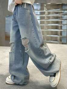 青少年男孩直筒破洞洗水牛仔褲，寬鬆寬腿褲