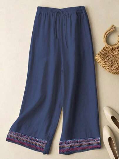 Pantalones anchos de ajuste holgado con estampado gráfico y cordón en la cintura, de unicolor para mujer