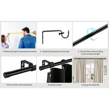 VASA NAMA Barras de Cortina para Ventanas de 36 a 88 Pulgadas, Barra de Cortina Negra Mate con Tapas Decorativas, Juego de Barras de Cortina con Soportes, Estirable y Facil de instalar (36-88") - 36-88" - Ver 6