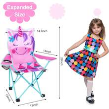 Set de 2 sillas plegables para camping al aire libre con portavasos, bolsa de transporte y 2 sombrillas integradas, ideales para playa, picnic, viajes y césped - Unicornio rosa y dinosaurio verde - Ver 8