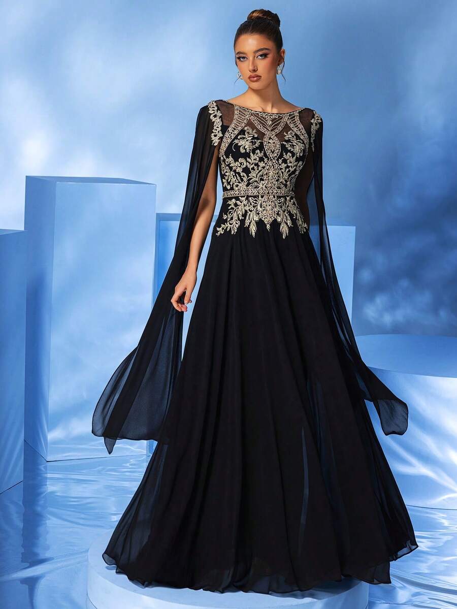 黑色长款飘逸雪纺金色刺绣披肩领开袖派对晚礼服 - 黑色 - 查看 1
