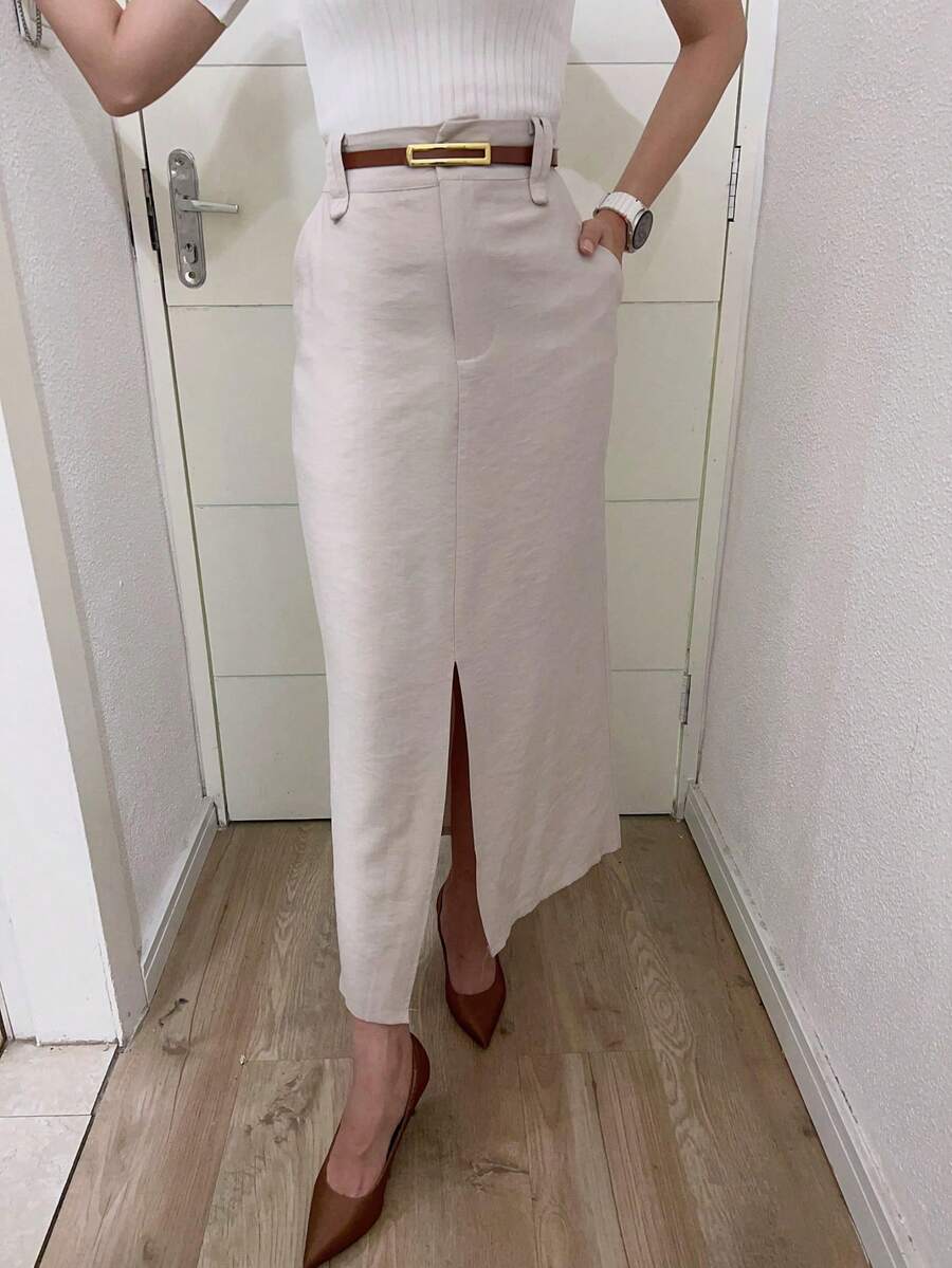 Midi Skirt With High Waist Slit Belt - 米色 - 查看 1